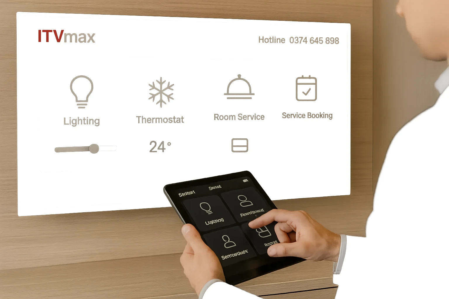 Màn hình TV khách sạn tích hợp giao diện điều khiển thông minh: chỉnh đèn, điều hòa, gọi phòng, đặt dịch vụ qua TV.