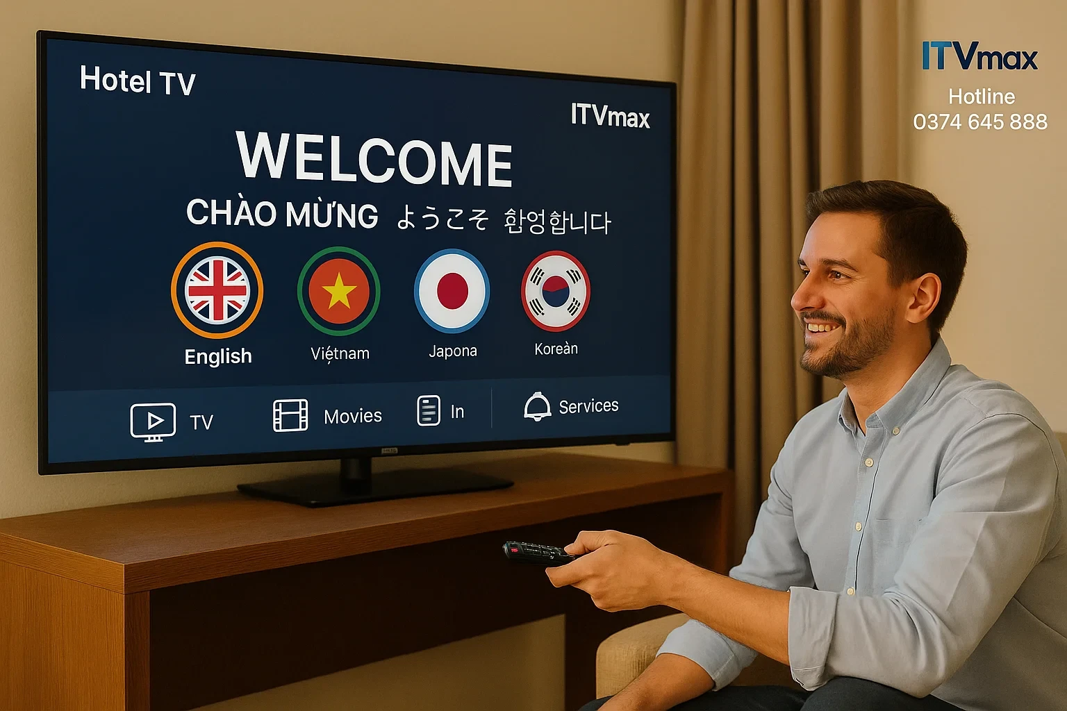 Hotel TV hiển thị nhiều ngôn ngữ (Anh, Việt, Nhật, Hàn), menu rõ ràng, icon lựa chọn ngôn ngữ nổi bật