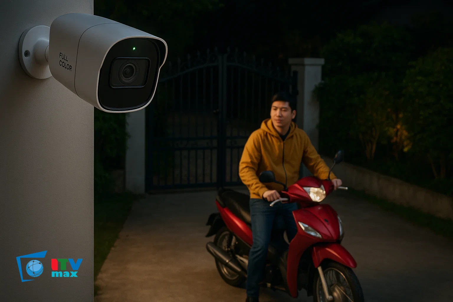 camera full color đang hoạt động ở cổng nhà vào ban đêm
