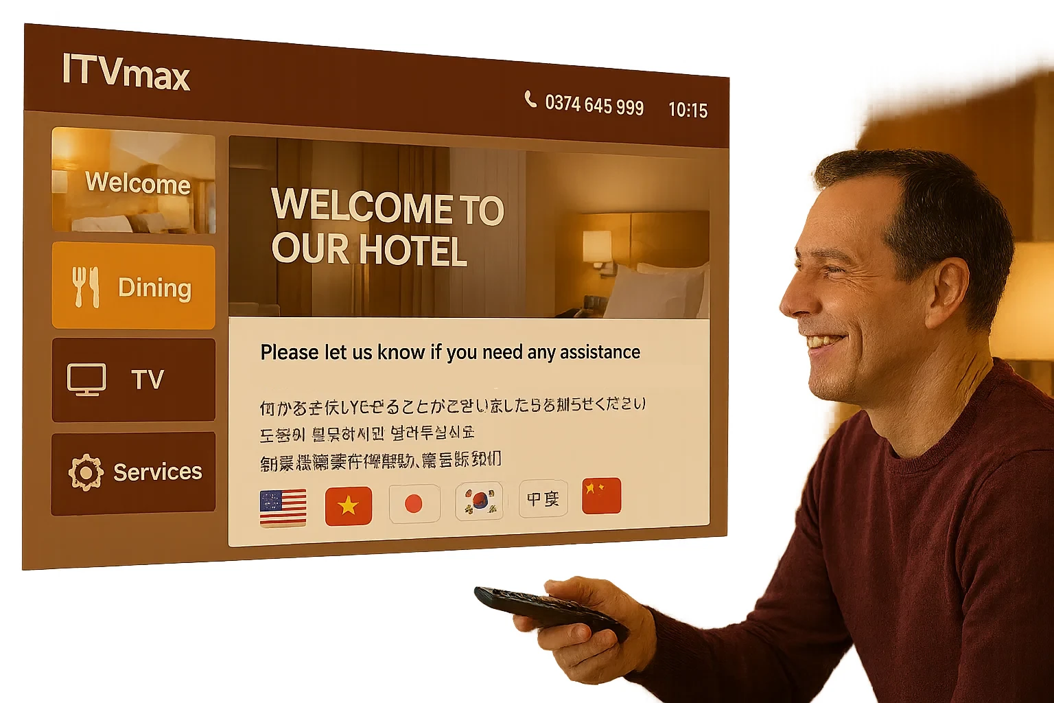 Giao diện Hotel TV hiển thị đồng thời menu, banner, thông báo bằng nhiều ngôn ngữ (Anh, Việt, Nhật, Hàn, Trung)