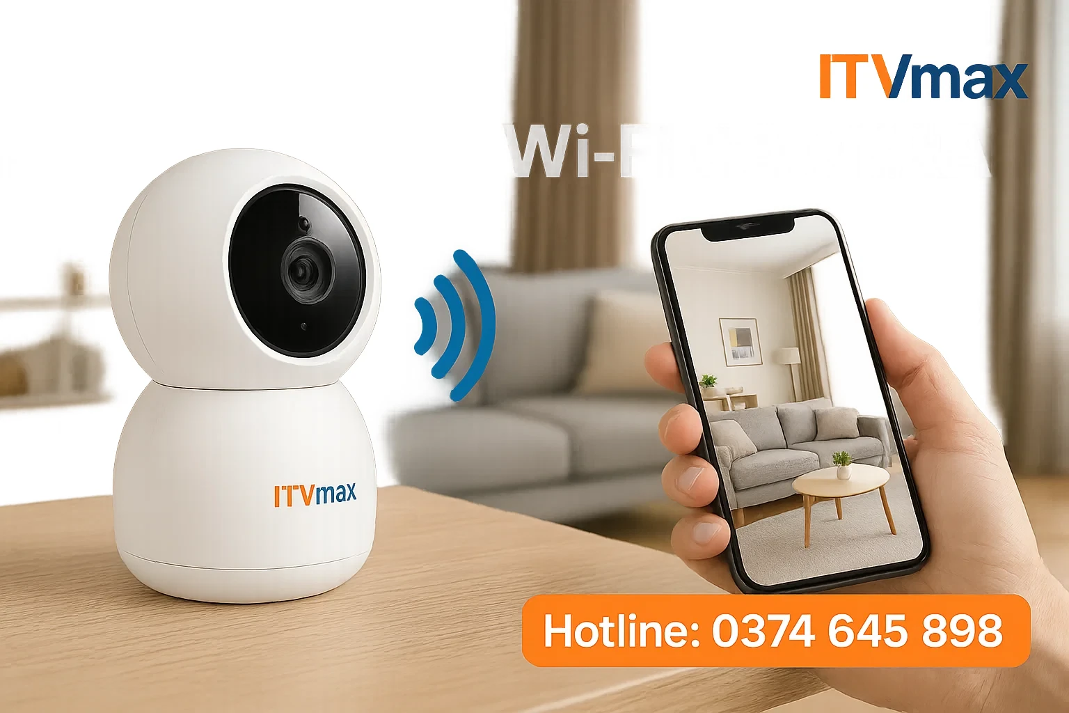 camera wifi đặt tại phòng khách gia đình, kết nối trực tiếp điện thoại qua wifi, không có dây tín hiệu, thể hiện sự tiện lợi, linh hoạt.