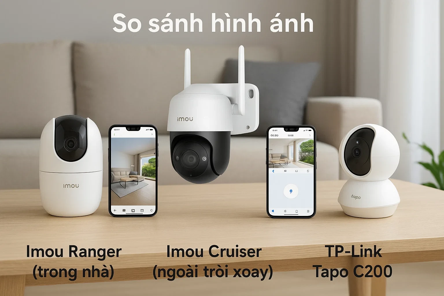 So sánh hình ảnh: Imou Ranger (trong nhà), Imou Cruiser (ngoài trời xoay), TP-Link Tapo C200 đặt trên bàn, app từng hãng hiển thị trên 3 điện thoại, nền là phòng khách hiện đại.