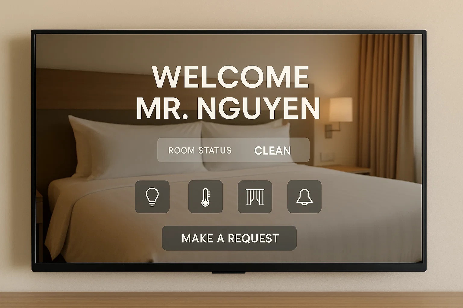 TV phòng khách sạn là trung tâm, liên kết tới PMS, hệ thống Smart Room (đèn, điều hòa, rèm), các thiết bị IoT và CRM