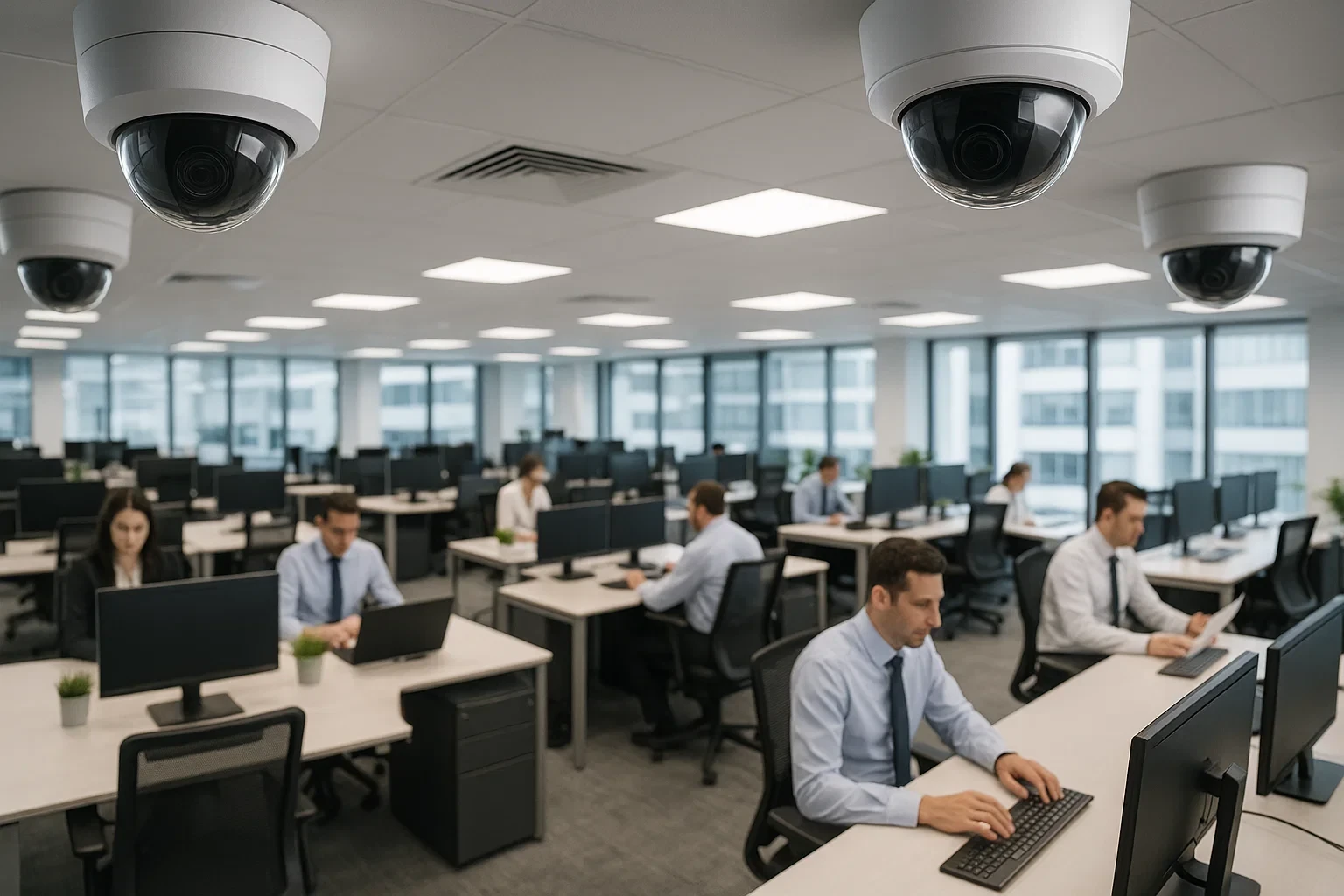 Camera quản lý nhân sự trong văn phòng, hình ảnh nhiều camera giám sát bố trí tại các vị trí làm việc, thể hiện môi trường làm việc chuyên nghiệp, hiện đại.