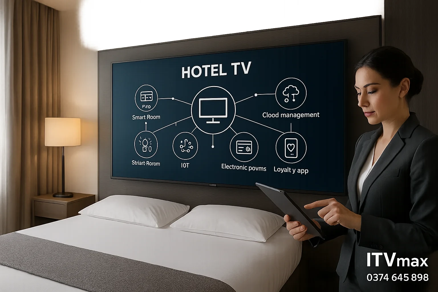 TV khách sạn là trung tâm, bao quanh bởi icon PMS, Smart Room, IoT, CRM, cloud, mobile app, dữ liệu phân tích