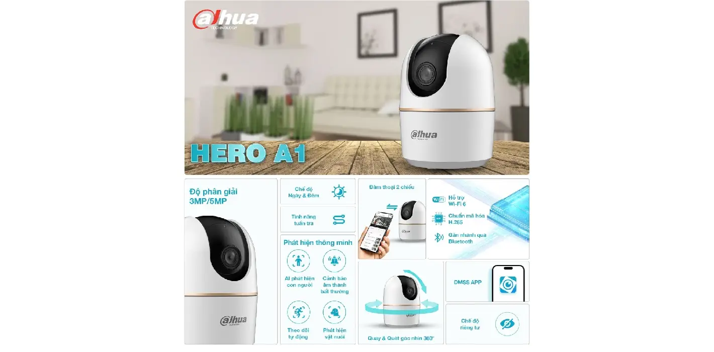 Camera Wifi Dahua Hero A1 (3MP/5MP) I Xoay 360 độ, Camera an ninh CCTV1