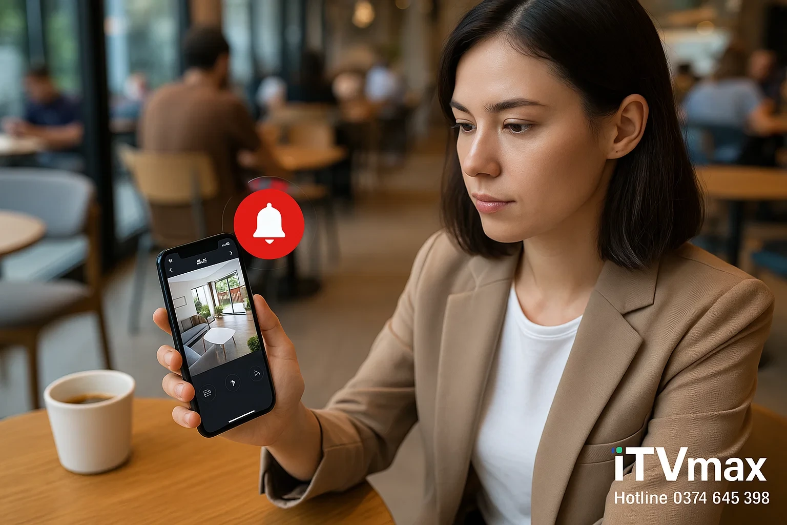 hình ảnh camera trực tiếp trên điện thoại ở bất kỳ đâu (quán café, công tác…), thể hiện tính năng xem từ xa, cảnh báo thông minh.