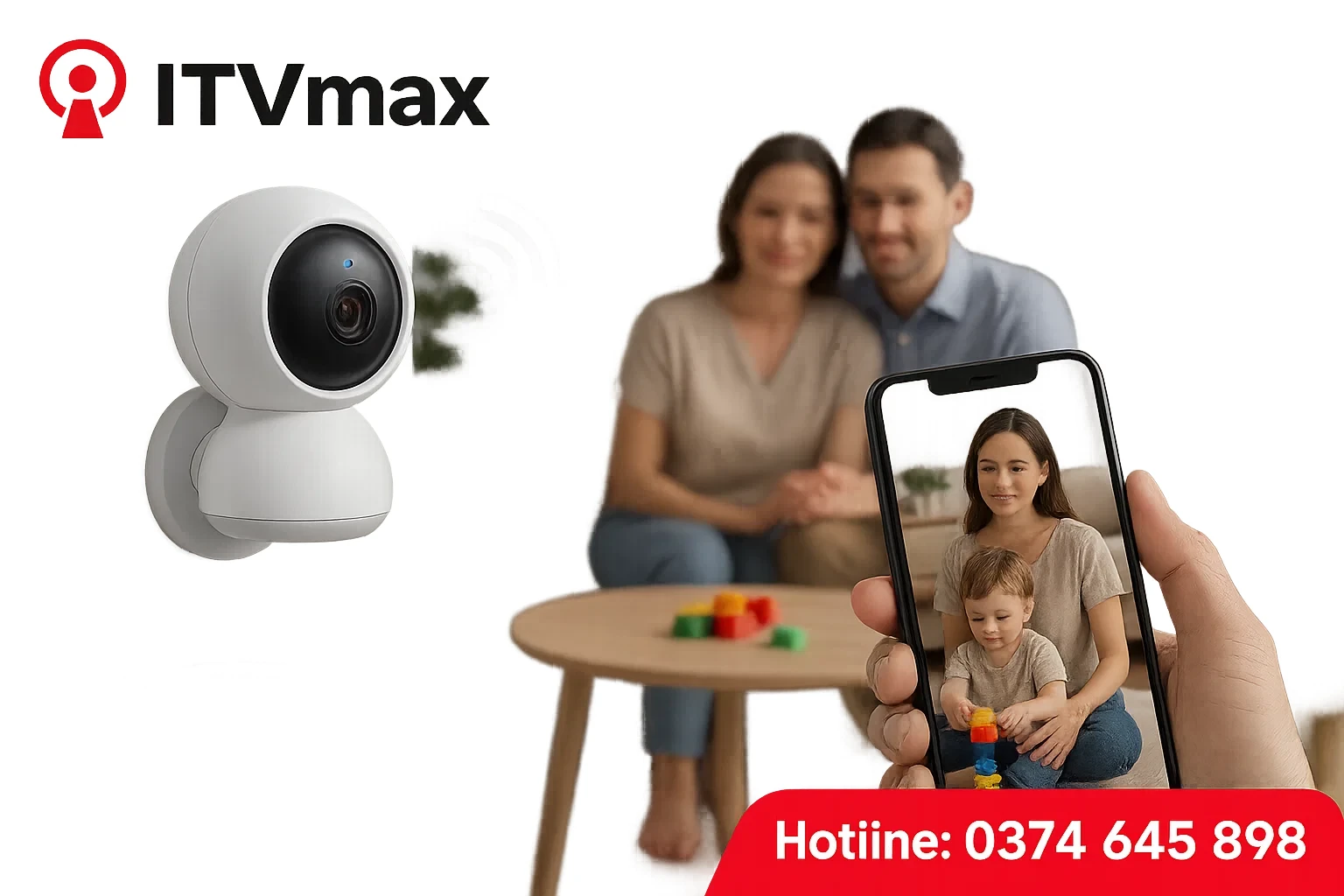 Camera wifi nhỏ gọn lắp tại phòng khách gia đình, kết nối với điện thoại, hình ảnh rõ nét trẻ nhỏ đang chơi, bố mẹ quan sát từ xa.