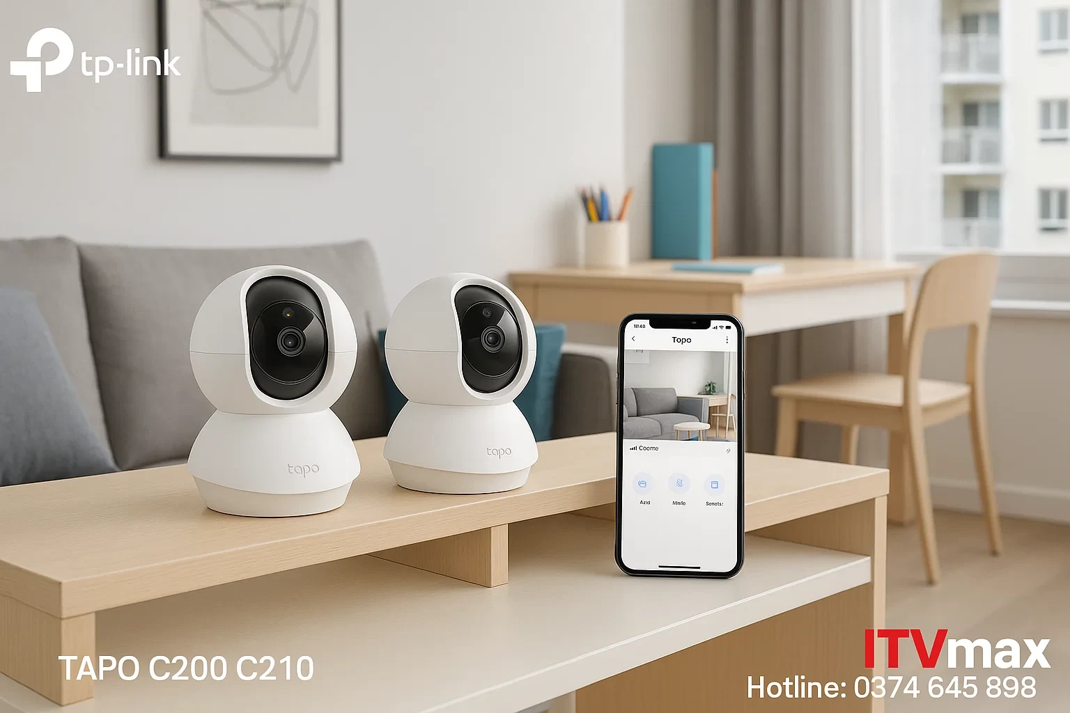 Camera TP-Link Tapo (C200, C210) đặt trong phòng ngủ trẻ nhỏ và phòng khách căn hộ, app Tapo hiển thị trên điện thoại.