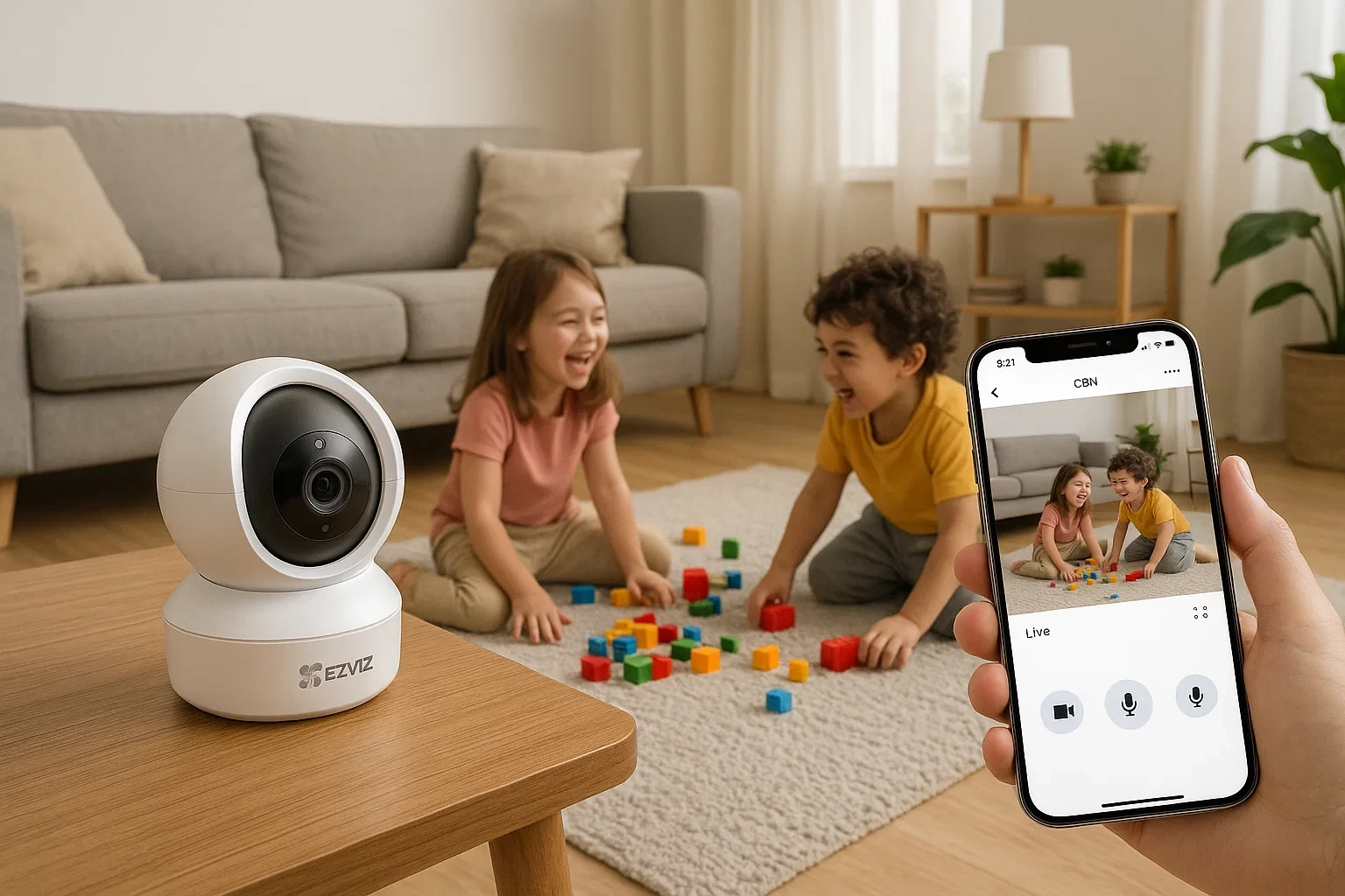 Tạo ảnh camera Ezviz C6N đặt ở phòng khách hiện đại, trẻ nhỏ chơi đùa, góc nhìn rộng, app Ezviz hiển thị trên điện thoại bố mẹ.