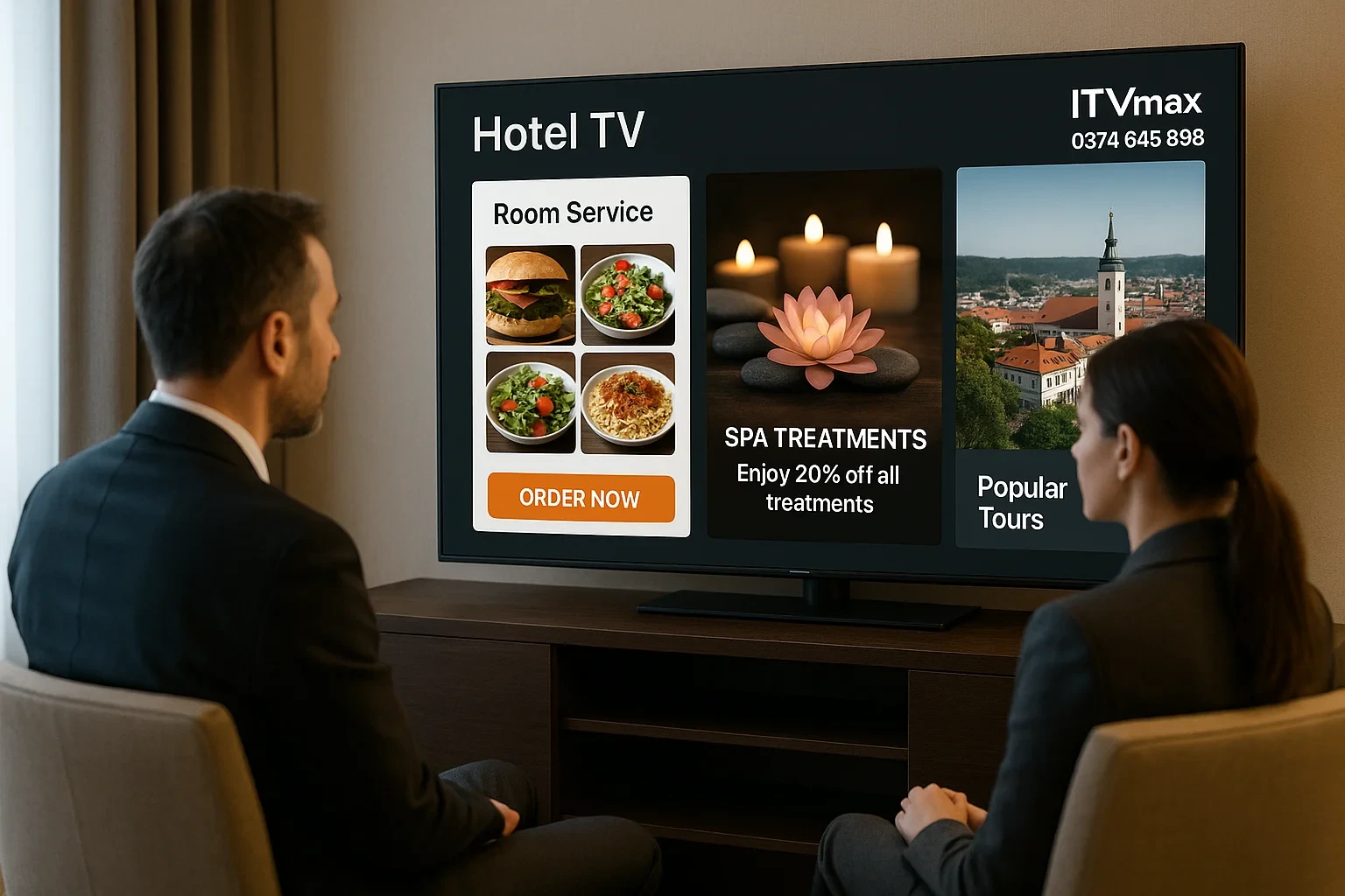 Trong phòng khách đang thao tác chọn dịch vụ trên hotel TV, không khí ấm áp,