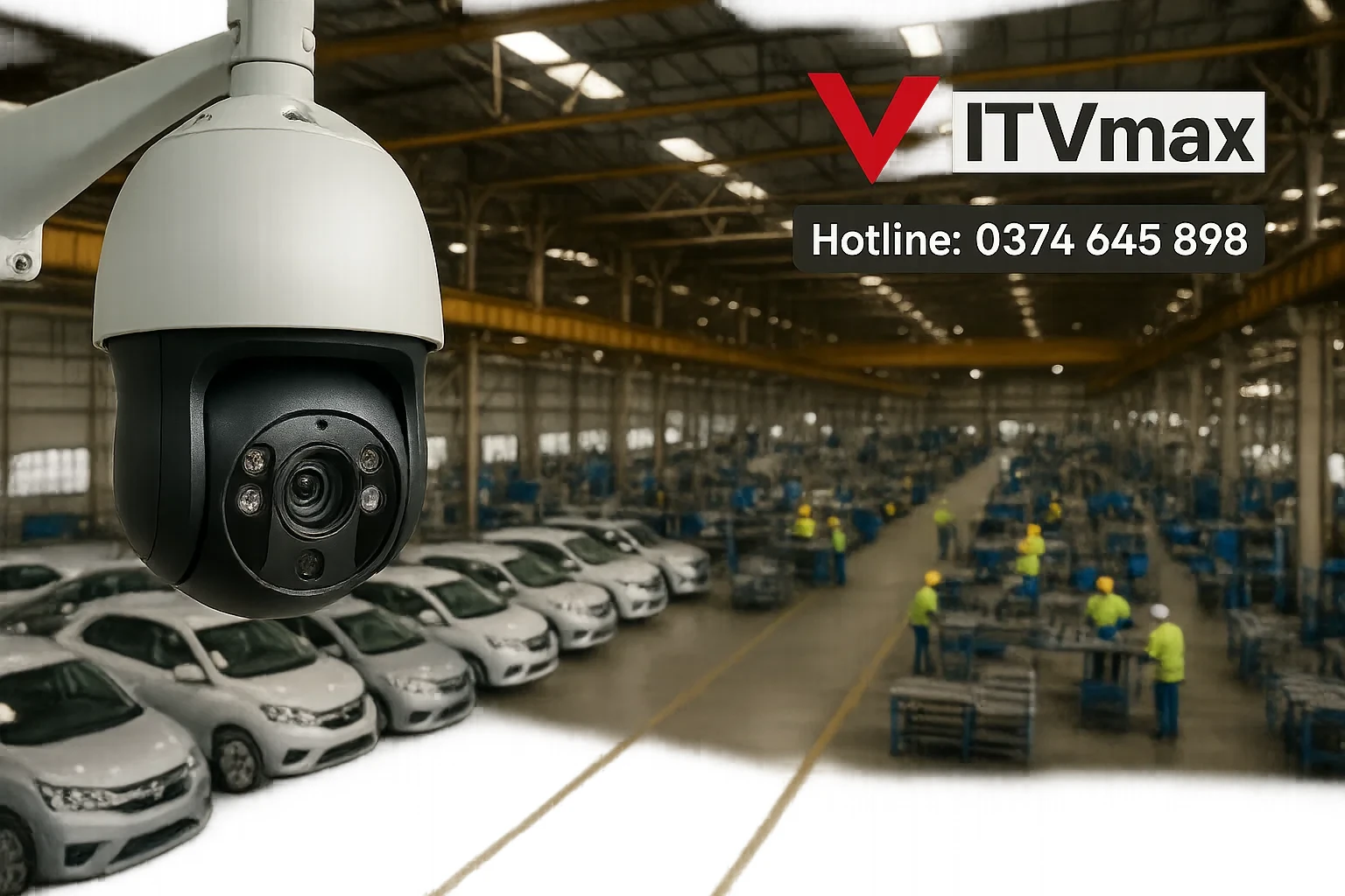 camera PTZ quay quét lắp tại khu vực kho xưởng lớn, quan sát bãi xe, nhân viên sản xuất, thể hiện khả năng quan sát diện rộng, hình ảnh sắc nét, chuyên nghiệp