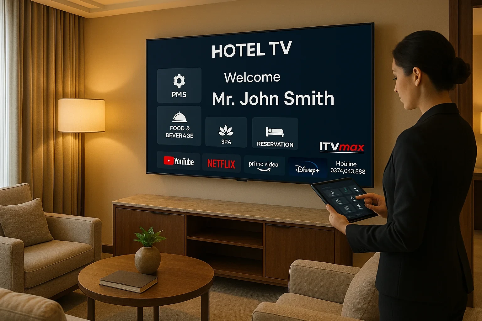 điều khiển TV: bật tắt đèn, điều hòa, đặt món, xem hóa đơn, tất cả từ giao diện Hotel TV.