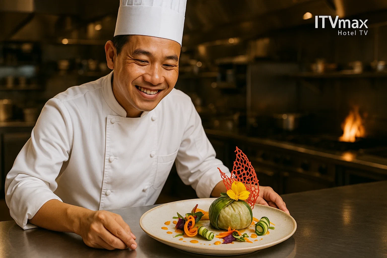 Bếp trưởng Việt sáng tạo món truyền thống Việt Nam trong bếp khách sạn 5 sao, đồng phục sáng màu, tươi tắn, trưng bày món ăn nghệ thuật.