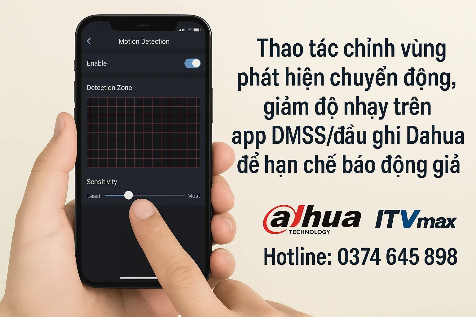 Thao tác chỉnh vùng phát hiện chuyển động, giảm độ nhạy trên app DMSS