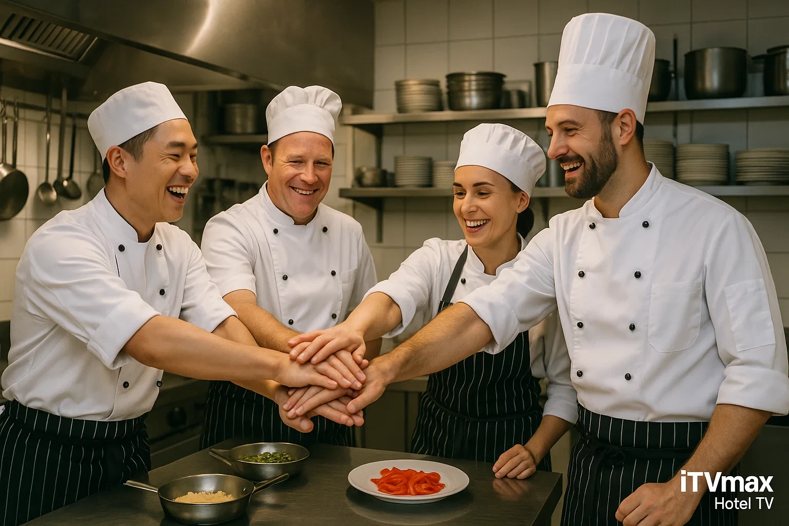Đội ngũ bếp khách sạn luyện tập teamwork, đồng phục chuyên nghiệp, bầu không khí tích cực.