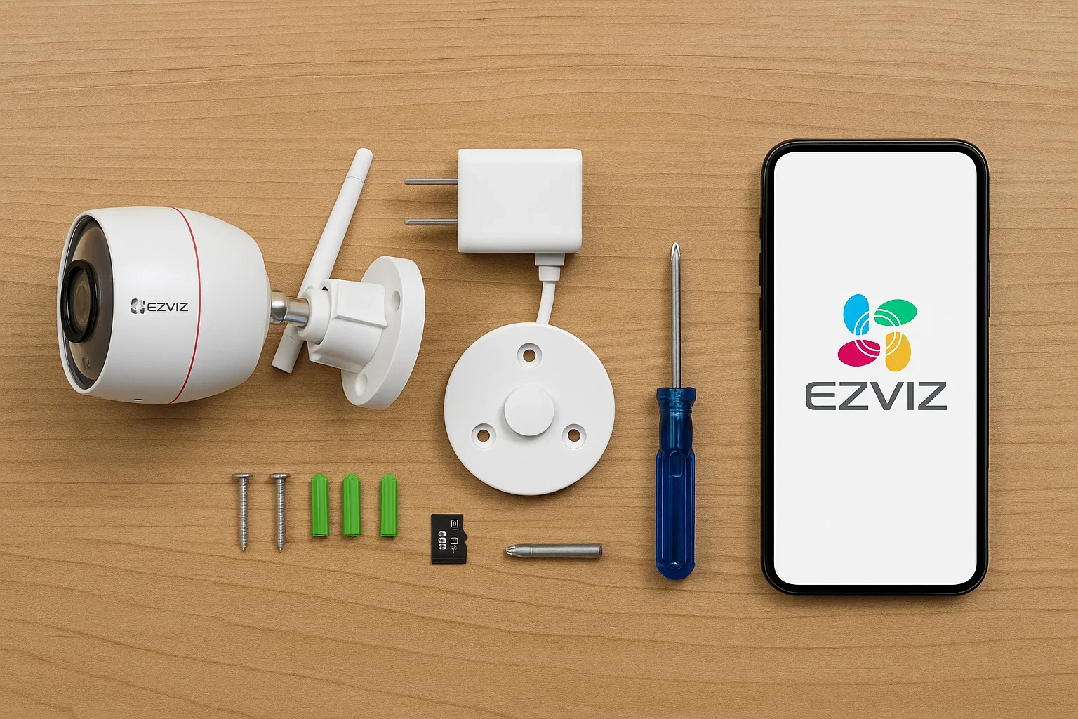 Dụng cụ & phụ kiện lắp camera Ezviz: Camera, nguồn, đế gắn, ốc vít, thẻ nhớ, tua vít, khoan, app Ezviz trên điện thoại.