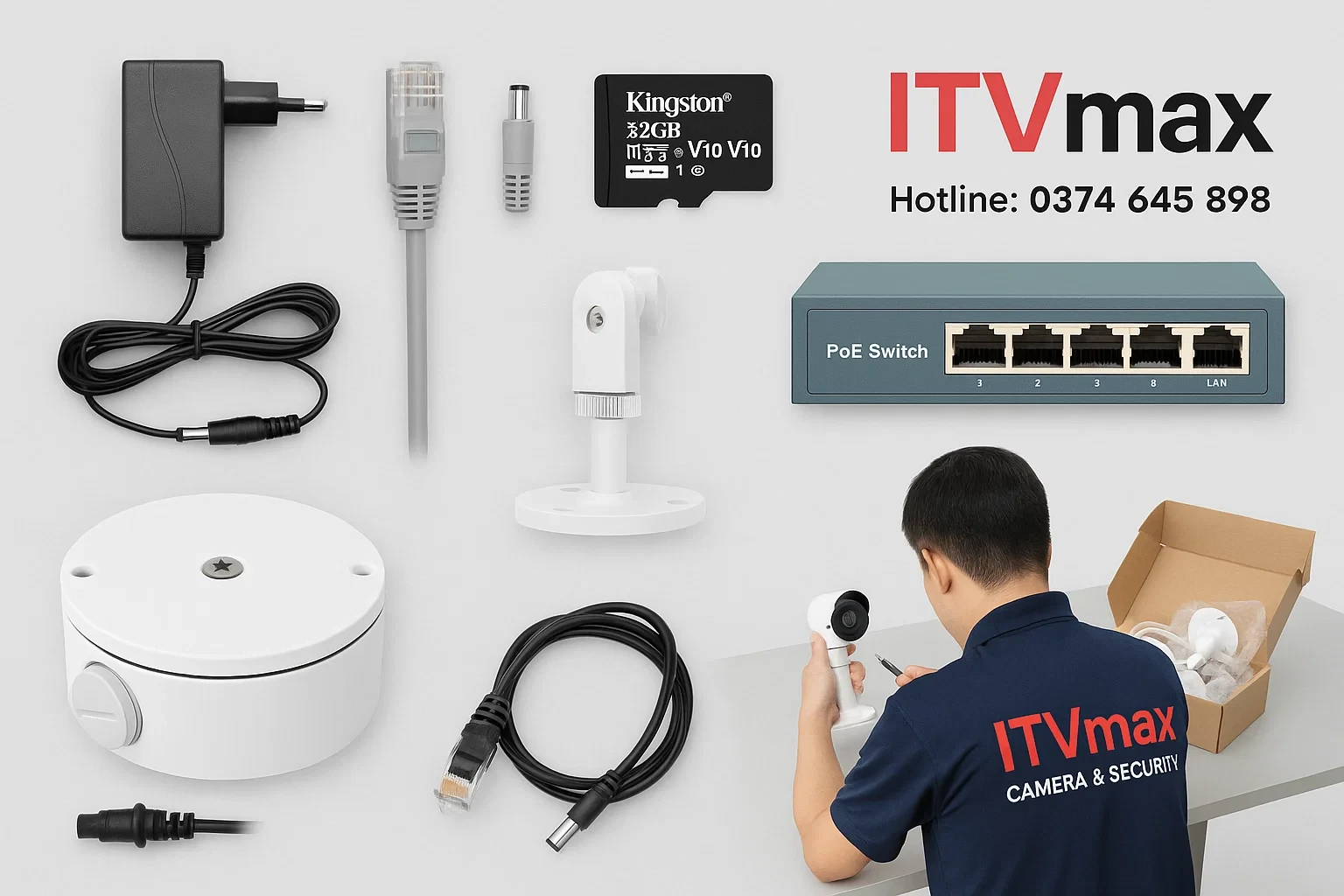 Bộ phụ kiện lắp camera: adapter nguồn, dây mạng, đầu bấm RJ45, switch PoE, thẻ nhớ, giá đỡ, hộp nối, dụng cụ kỹ thuật.