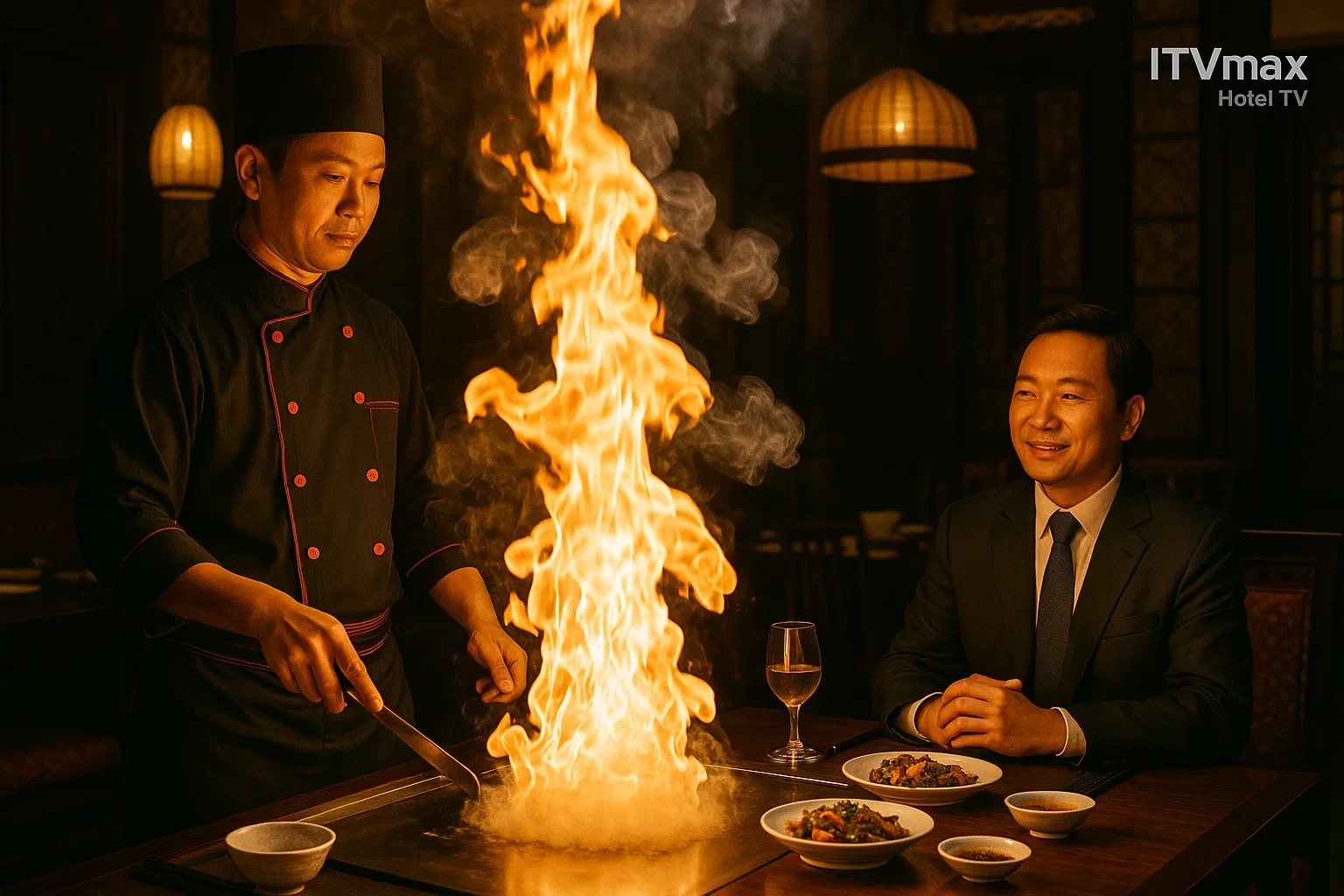 Bếp trưởng Á trình diễn kỹ năng xào lửa tại bếp nhà hàng Á, khói lửa nghệ thuật, đồng phục truyền thống.