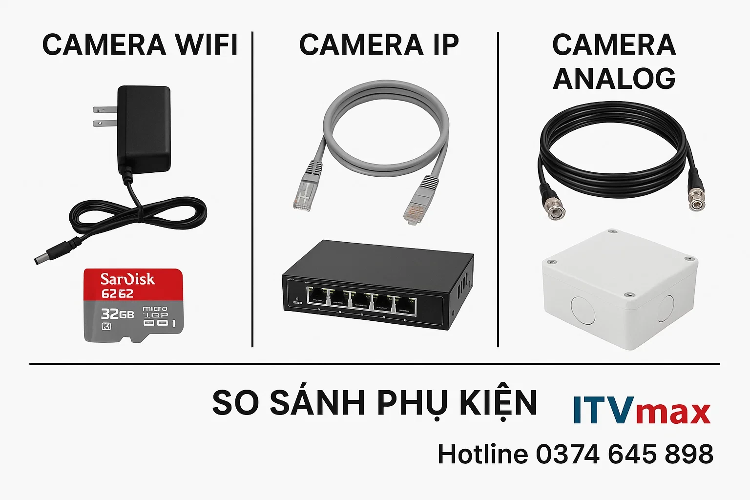 So sánh phụ kiện: bộ phụ kiện camera wifi (adapter, thẻ nhớ), IP (dây mạng, switch PoE), analog (dây đồng trục, đầu BNC), hộp nối ngoài trời.