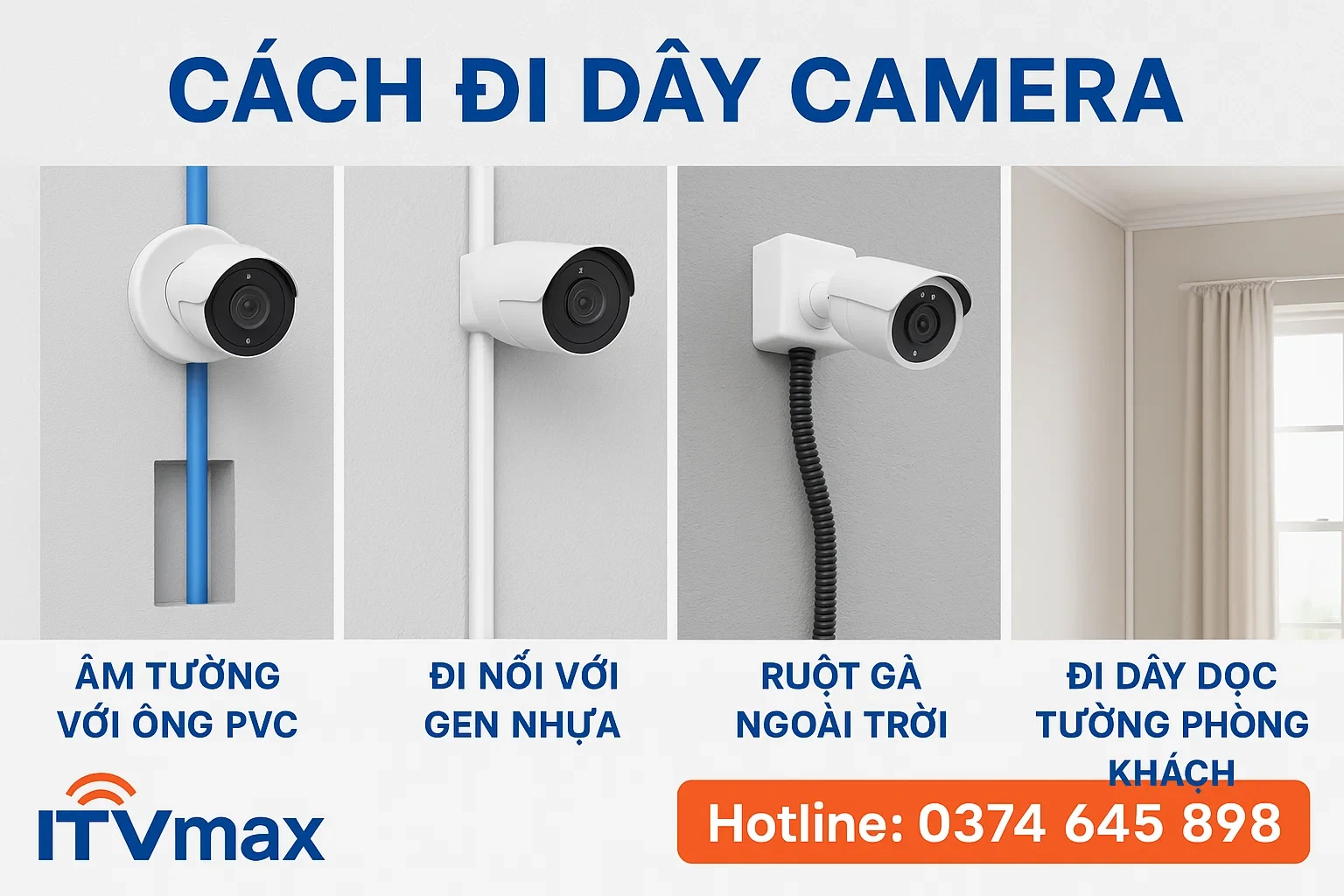 Hình ảnh đi dây camera: âm tường với ống PVC, đi nổi với gen nhựa, ruột gà ngoài trời, đi dây dọc tường phòng khách.