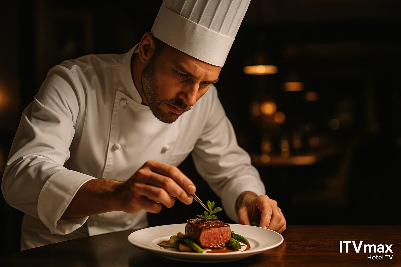 Bếp trưởng Âu đang trang trí món Âu cao cấp tại khách sạn quốc tế