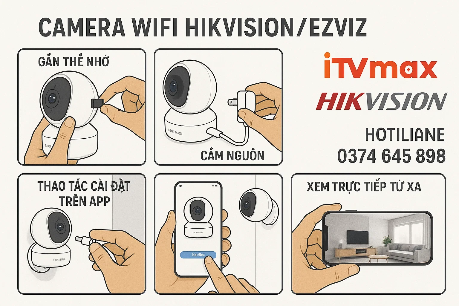Camera wifi Hikvision/Ezviz: Gắn thẻ nhớ, cắm nguồn, thao tác cài đặt trên app, bắt lên tường, xem trực tiếp từ xa.