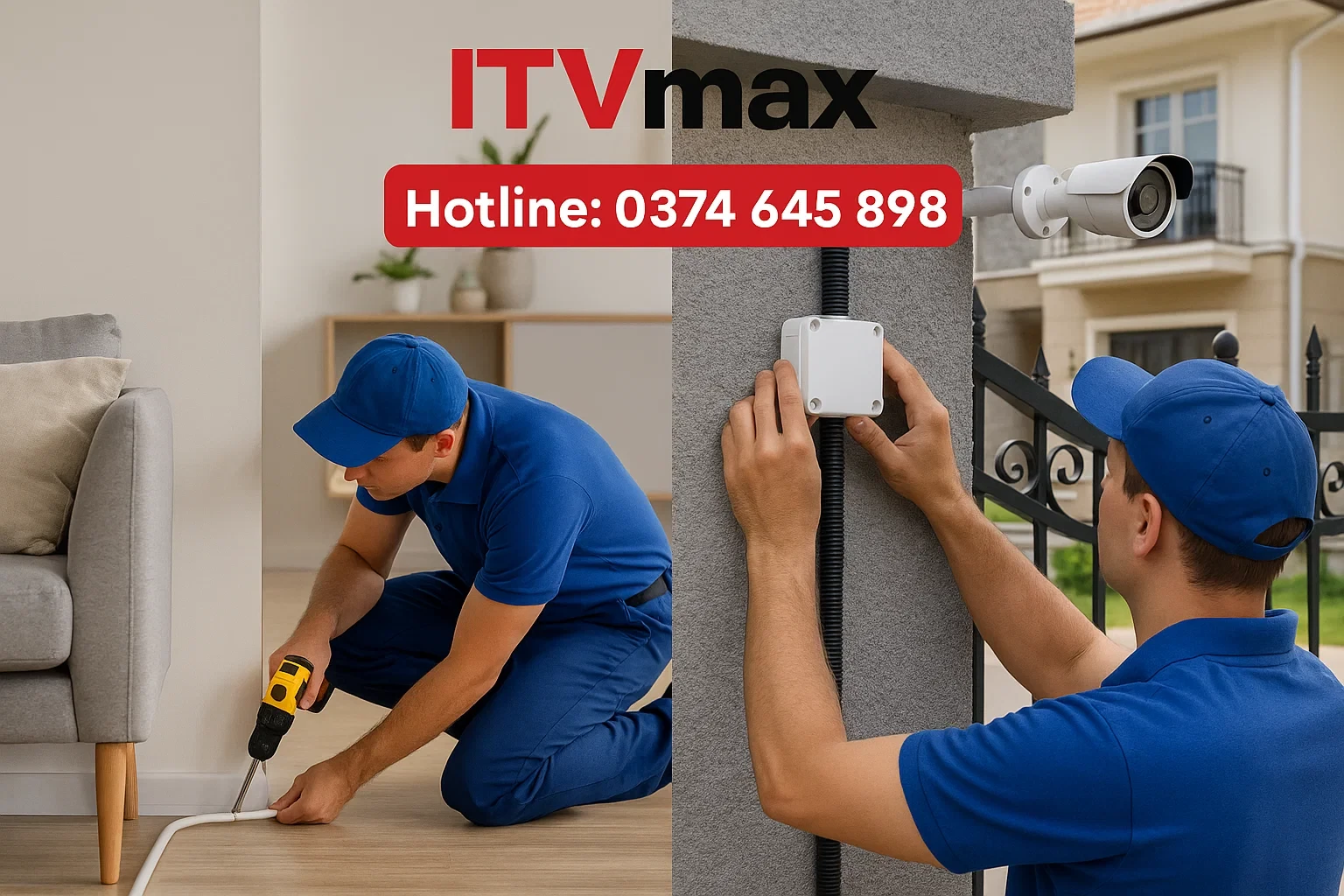 Kỹ thuật viên ITVmax đi dây camera bằng gen nhựa sát chân tường tại phòng khách, dùng ruột gà ngoài trời, hộp nối chống nước tại cổng nhà phố.