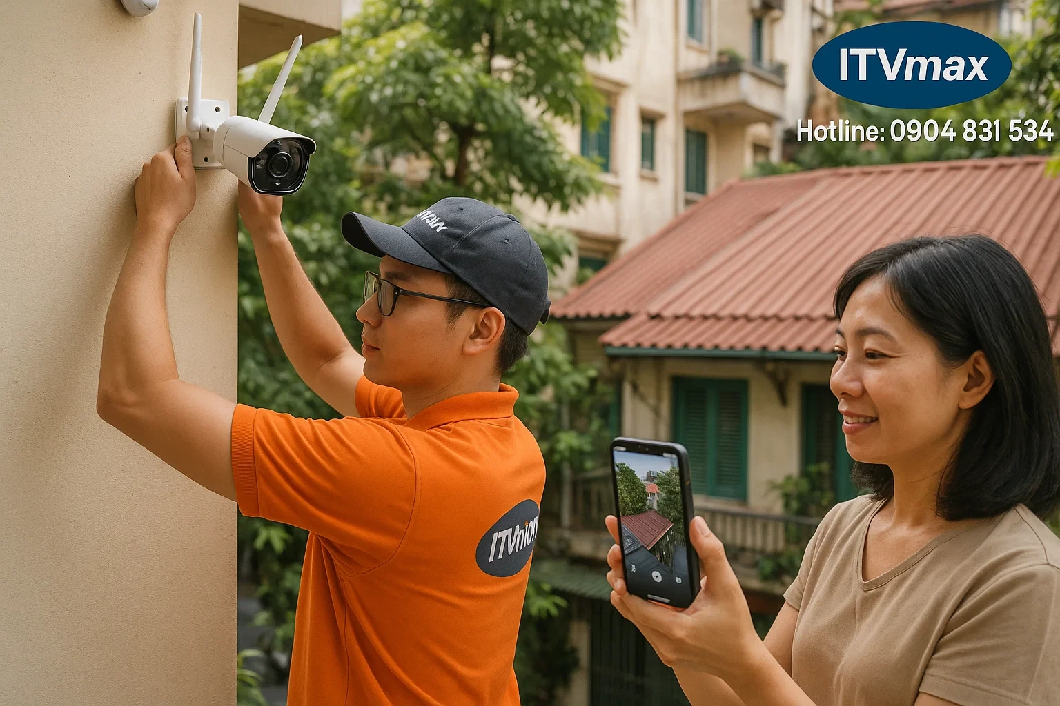 Kỹ thuật viên ITVmax lắp camera wifi ngoài trời cho nhà phố Hà Nội, khách hàng quan sát hình ảnh trực tiếp trên điện thoại