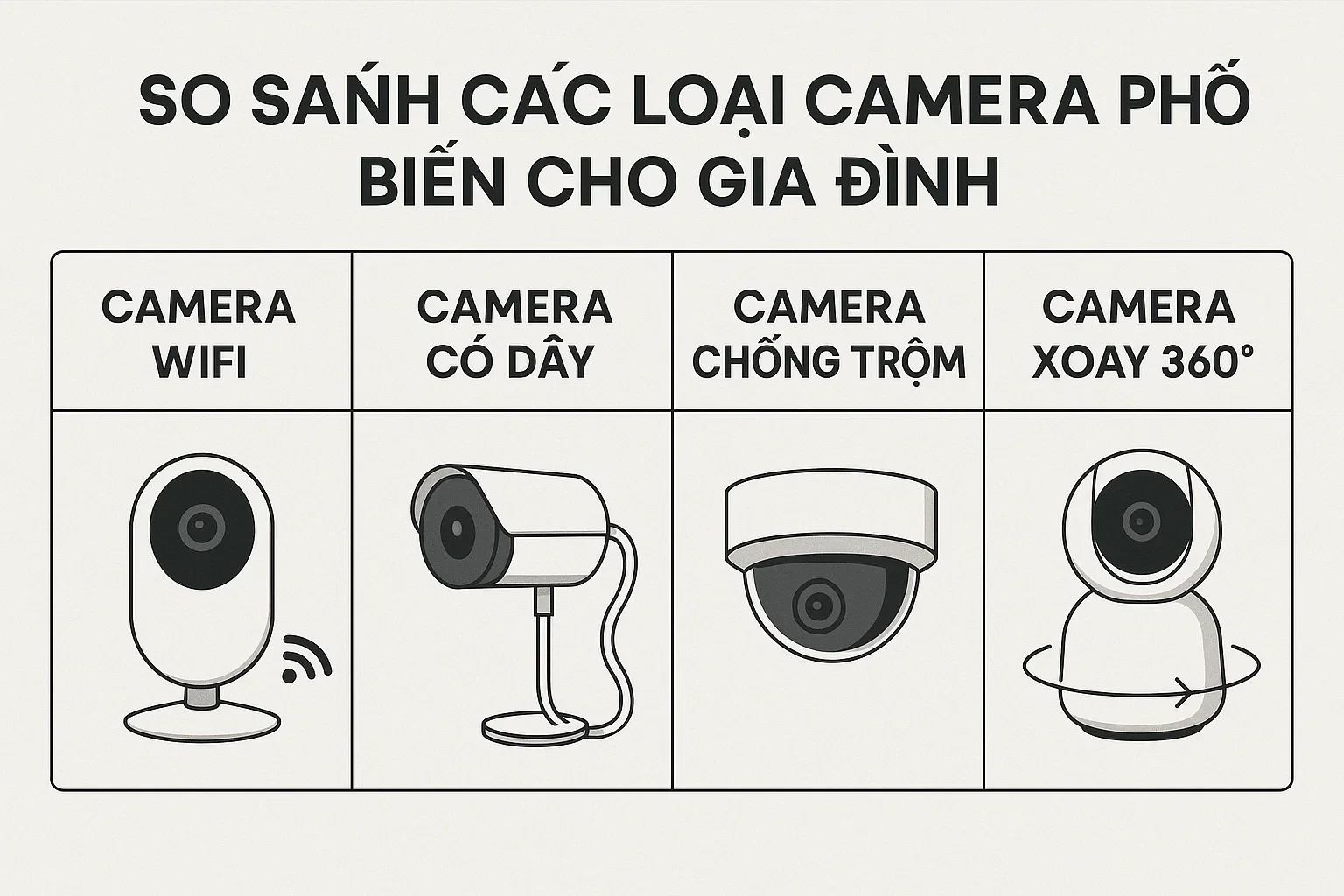 Hình minh họa so sánh giữa các loại camera phổ biến cho gia đình