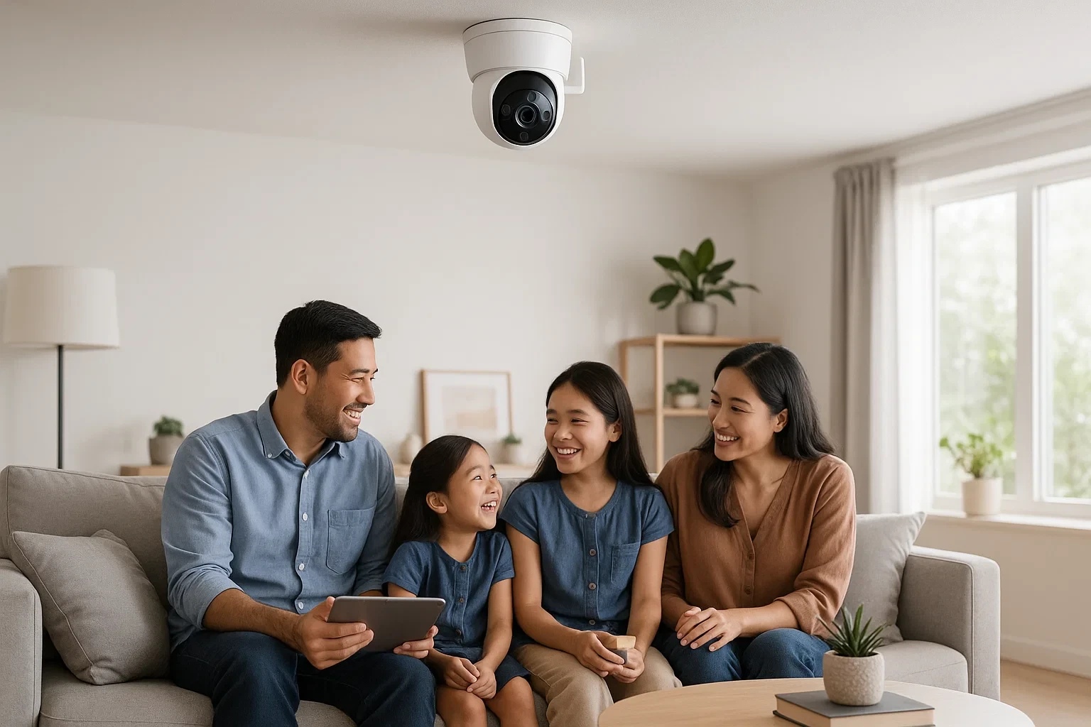 phòng khách hiện đại có lắp camera wifi trên trần, thể hiện sự yên tâm