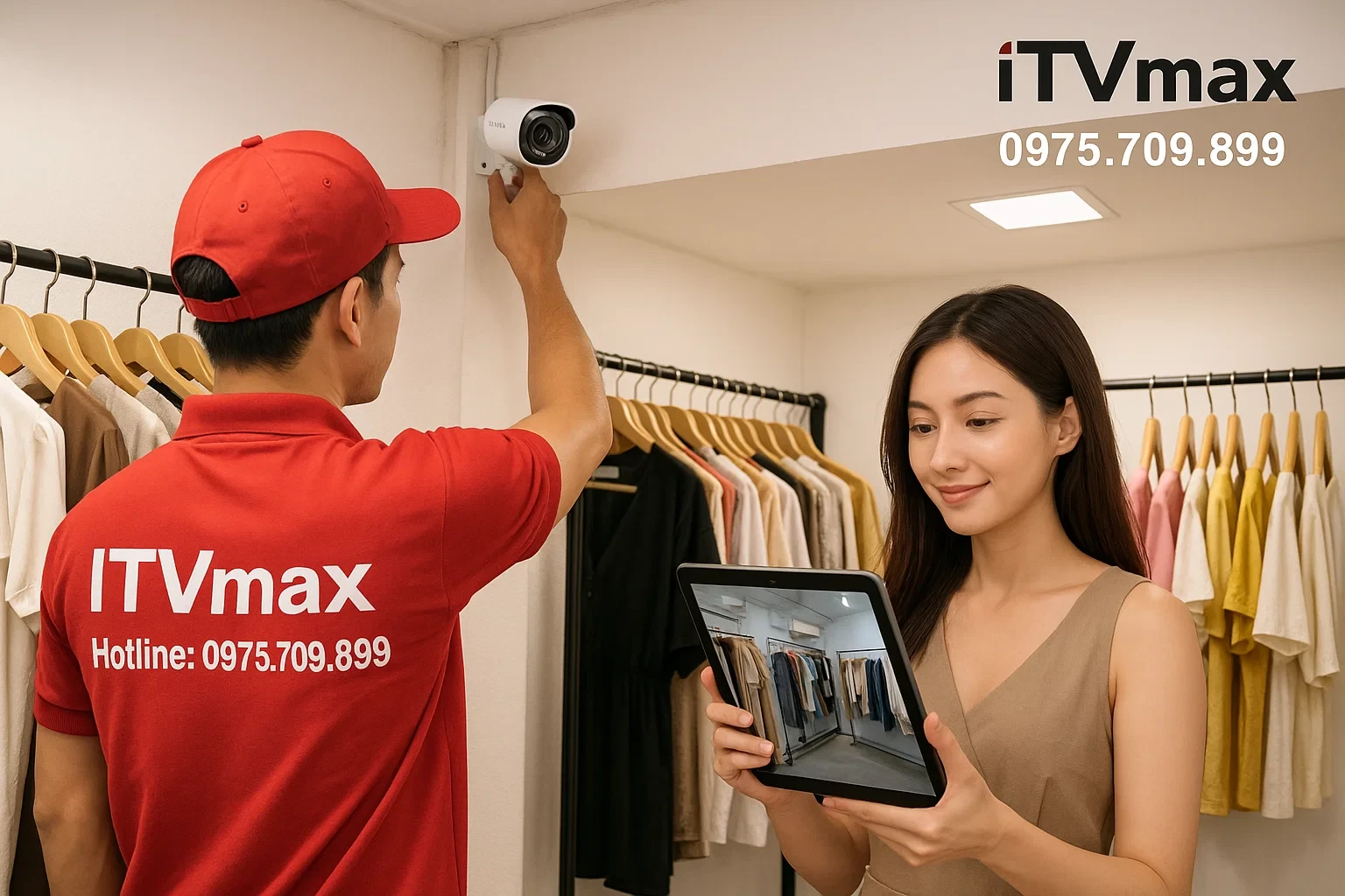 kỹ thuật viên ITVmax đang lắp camera EZVIZ tại shop quần áo xã Ngọc Hồi