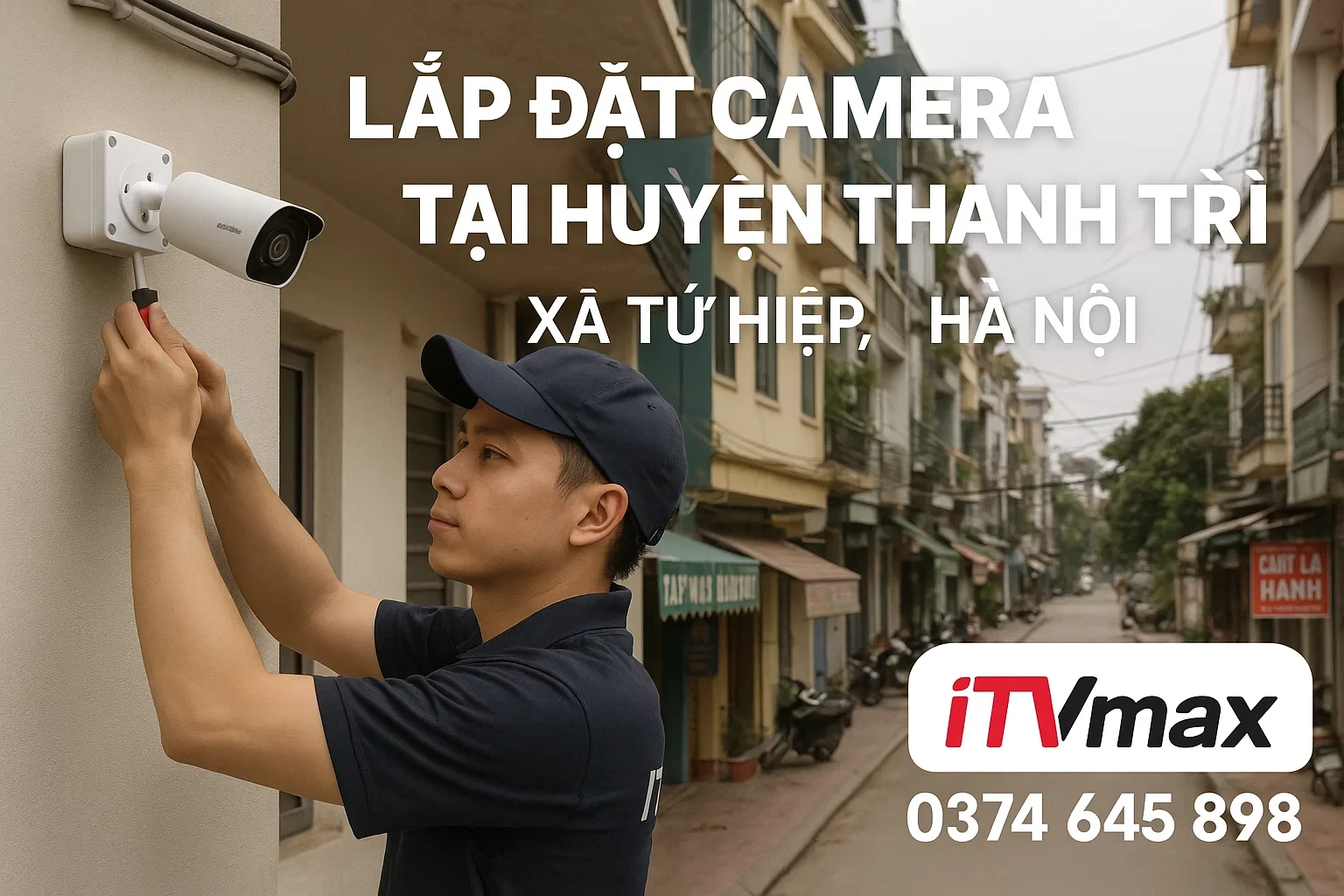 Kỹ thuật viên ITVmax lắp camera ngoài trời cho nhà trọ tại xã Tứ Hiệp