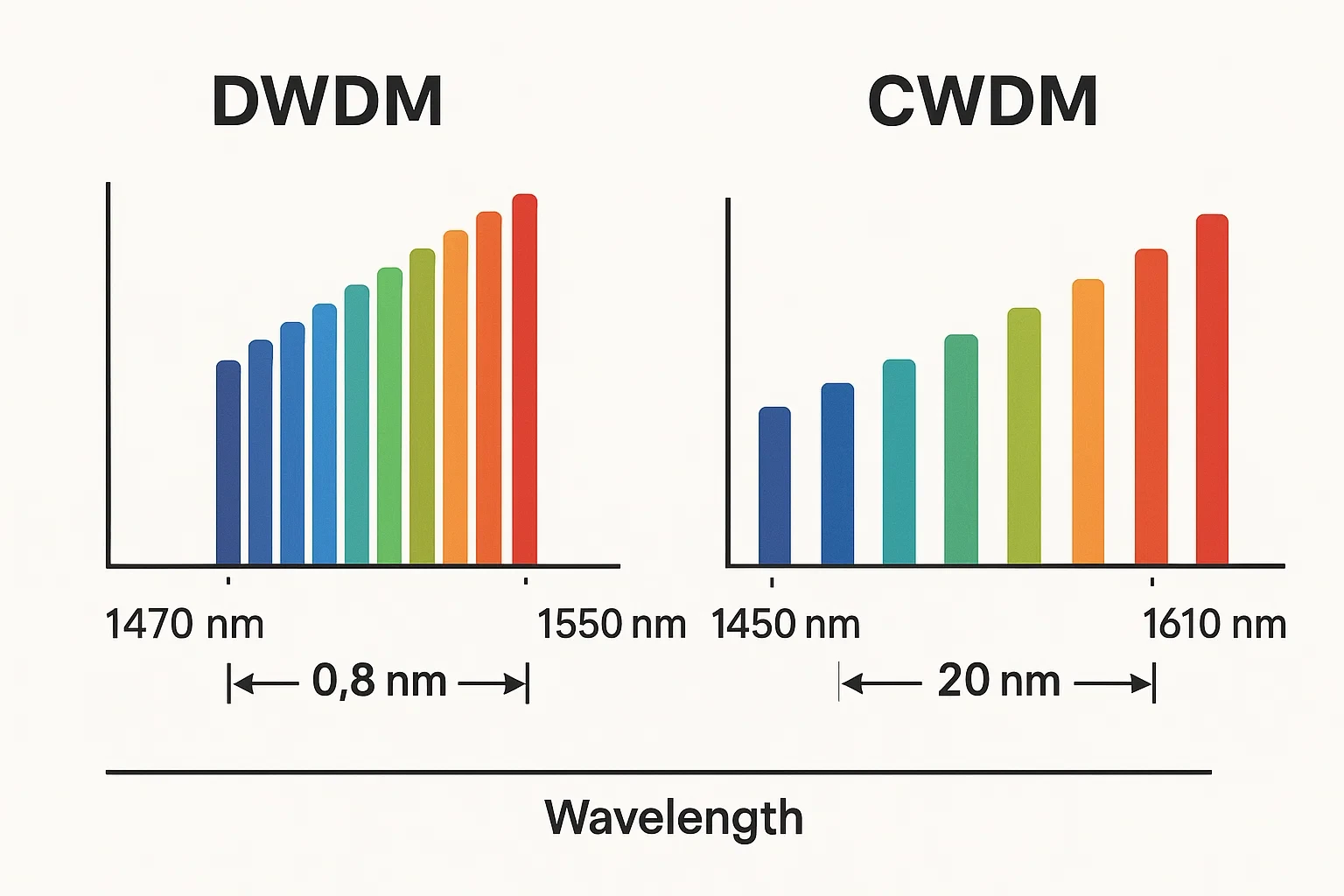 So sánh trực quan DWDM và CWDM qua biểu đồ bước sóng