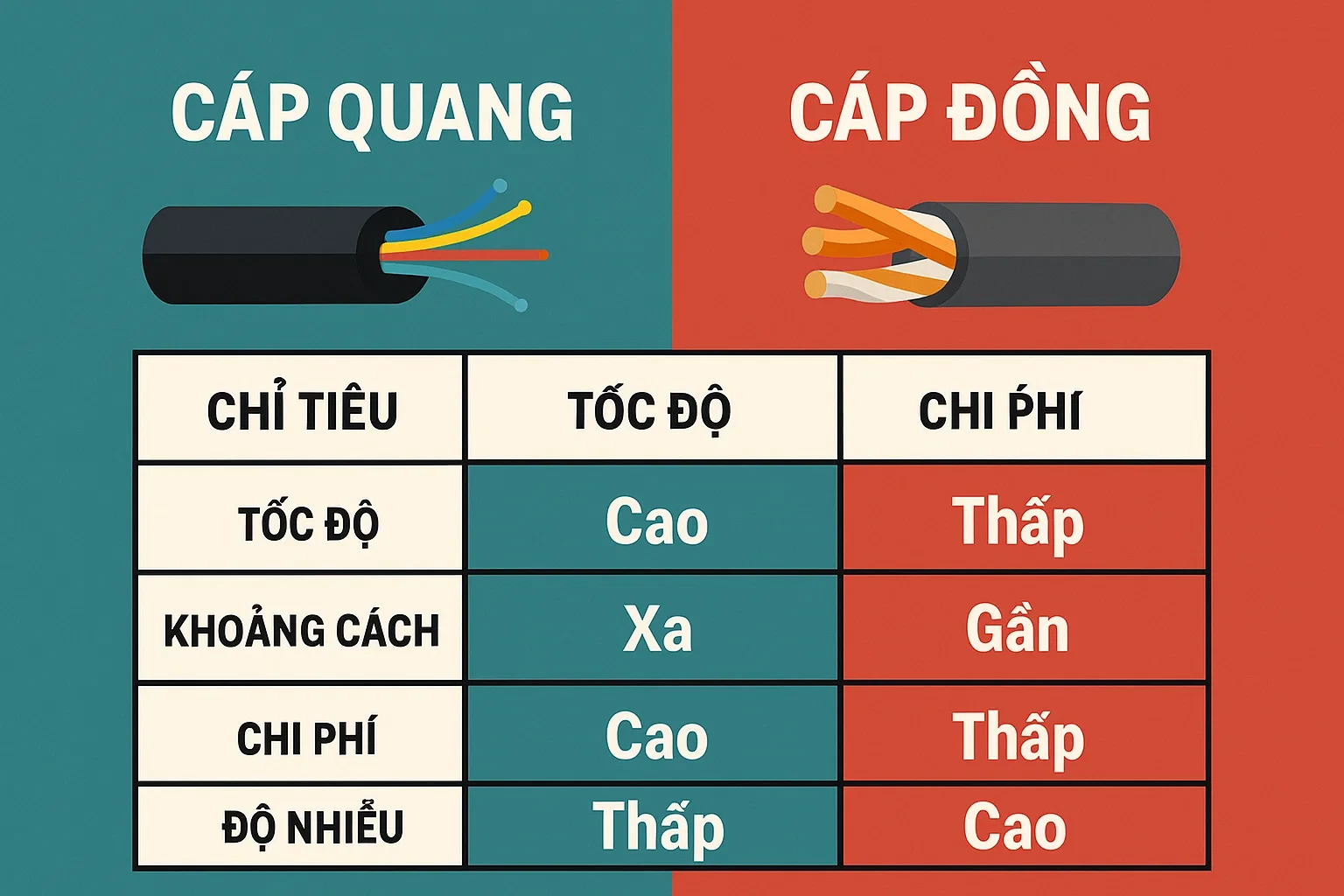 Bảng so sánh cáp quang vs cáp đồng với các chỉ tiêu: tốc độ, khoảng cách, chi phí, độ nhiễu