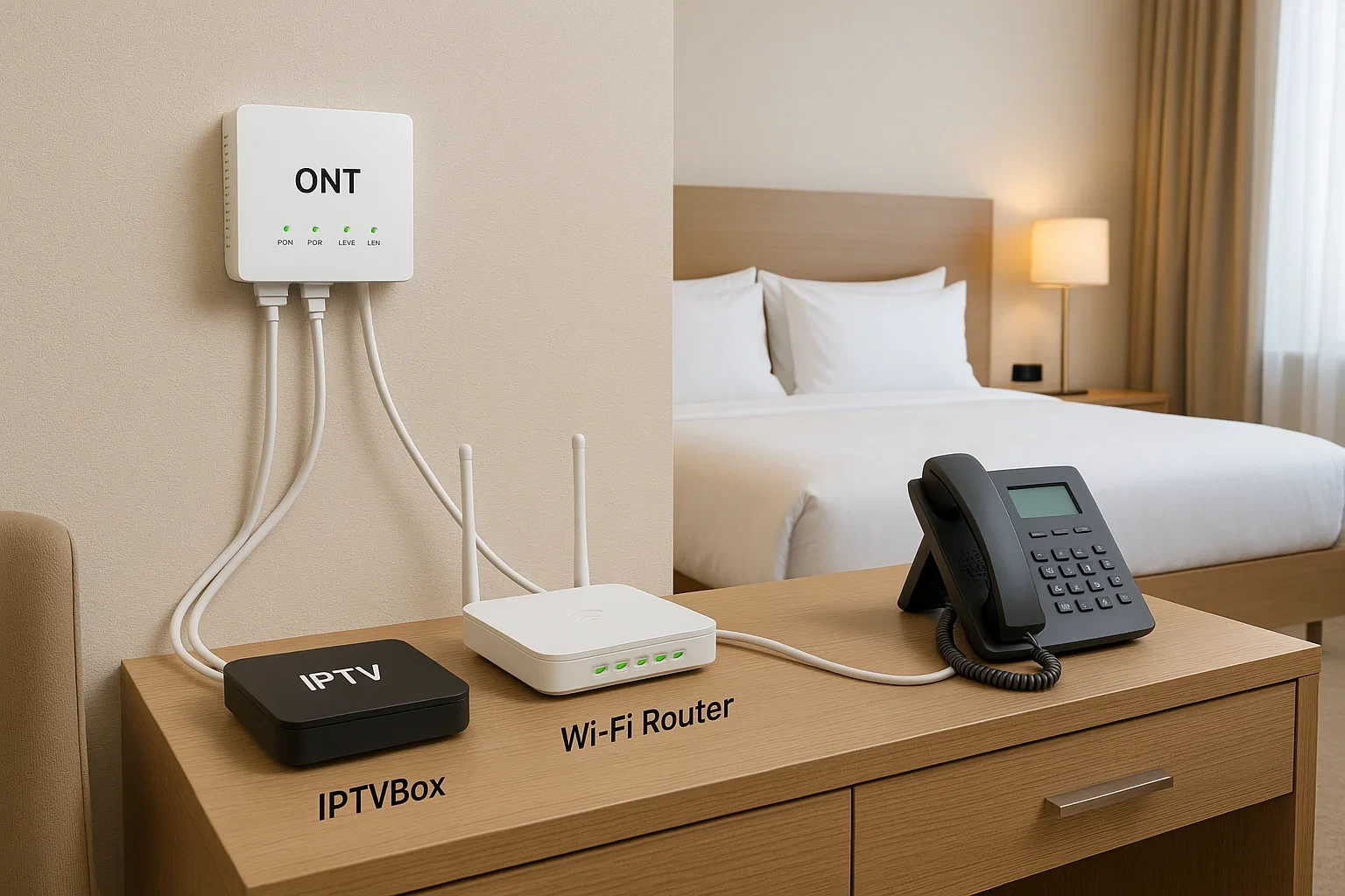 phòng khách sạn có ONT, kết nối đồng thời IPTV, WiFi router, điện thoại IP
