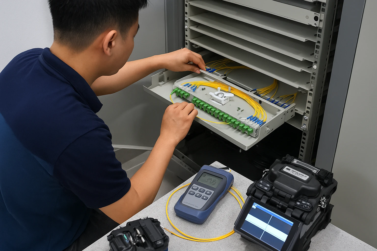 lắp đặt ODF và đấu nối cáp quang tại phòng thiết bị.