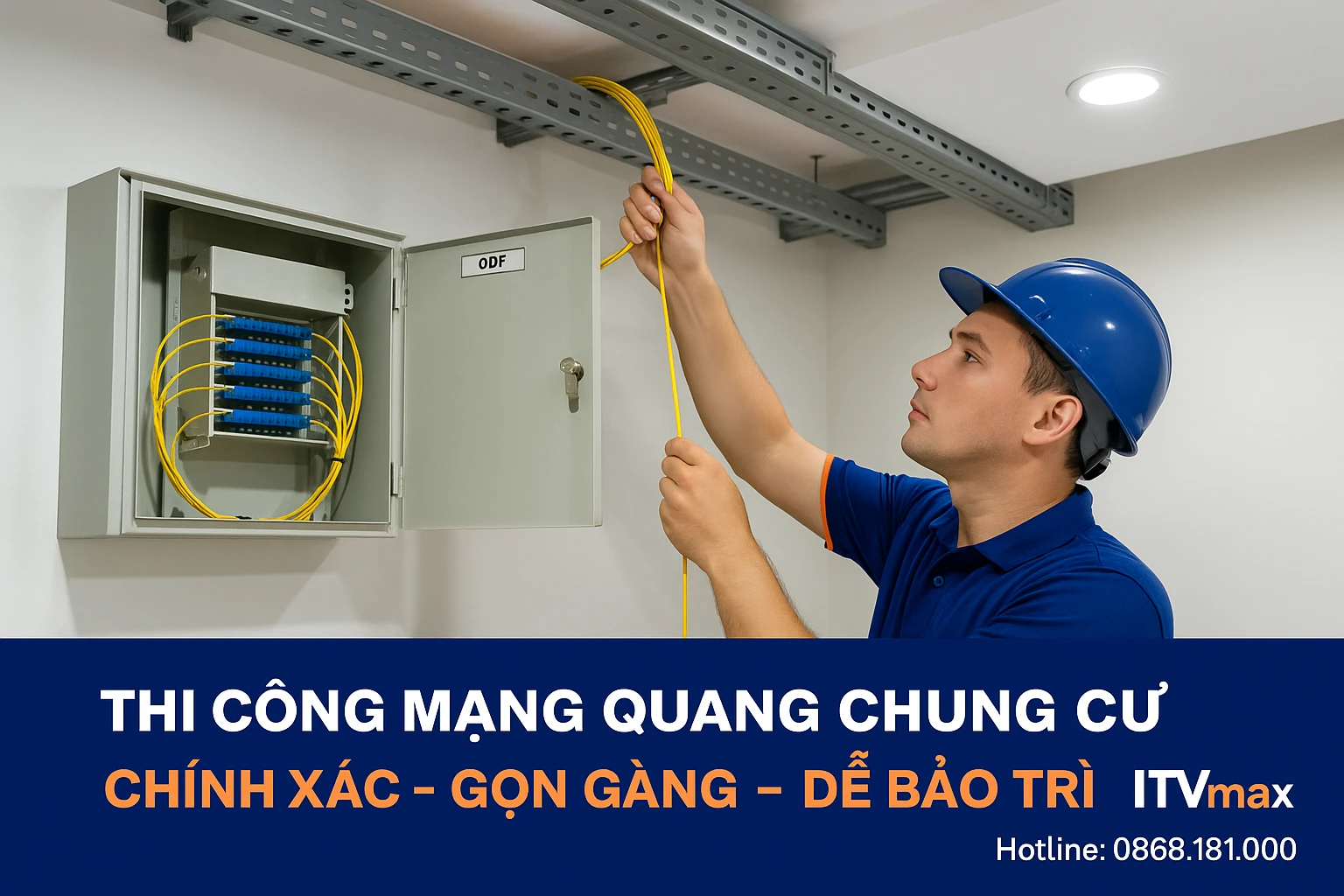 kéo cáp quang qua máng trần tại toà chung cư.
