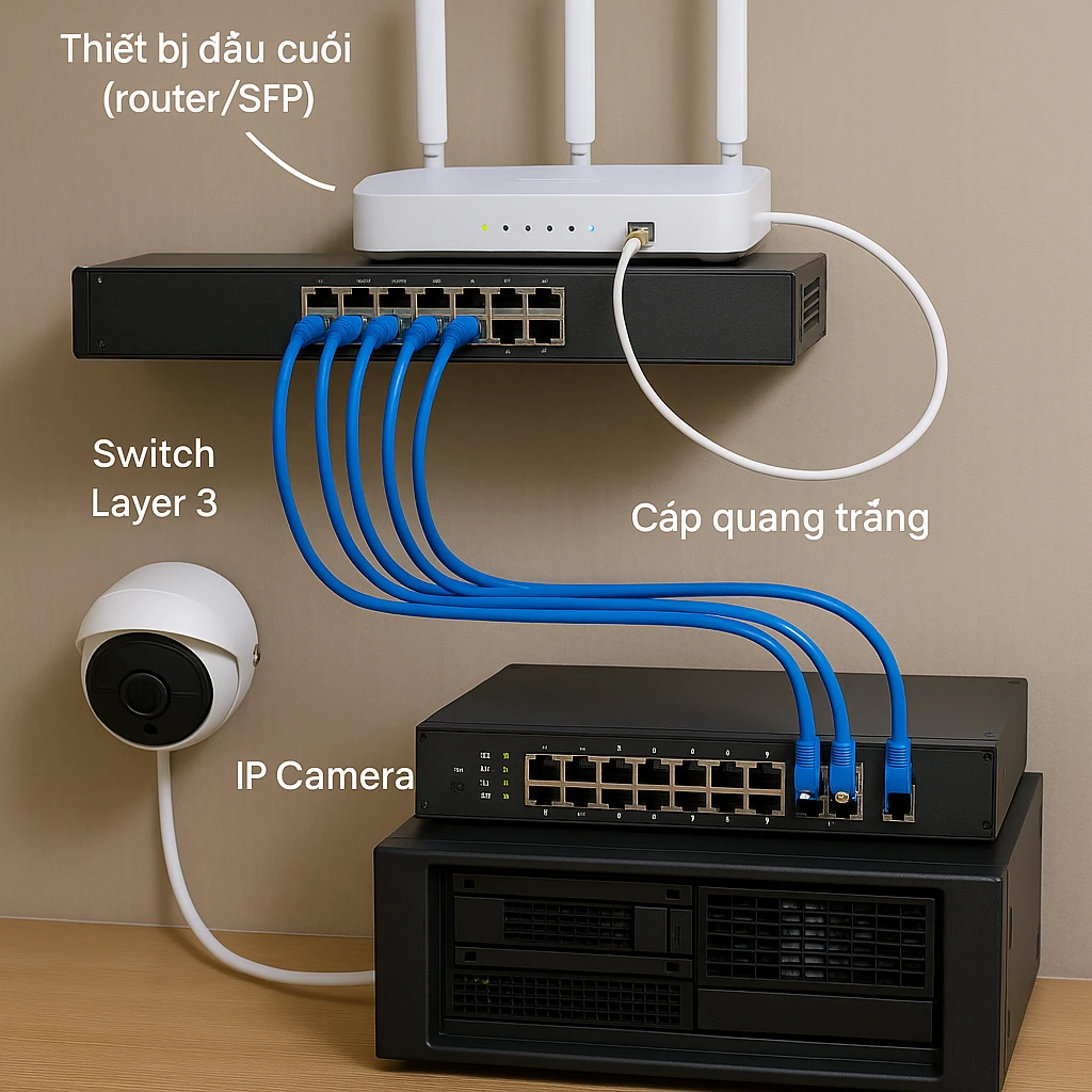 mô hình thiết bị đầu cuối (router/SFP), switch layer 3, kết nối camera IP và data server