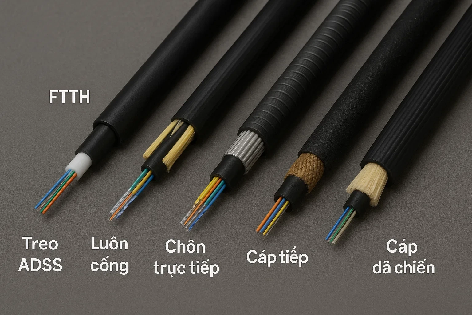 5 mẫu cáp quang các loại, đặt cạnh nhau có nhãn phân loại: FTTH, luồn cống, treo, chôn, dã chiến.