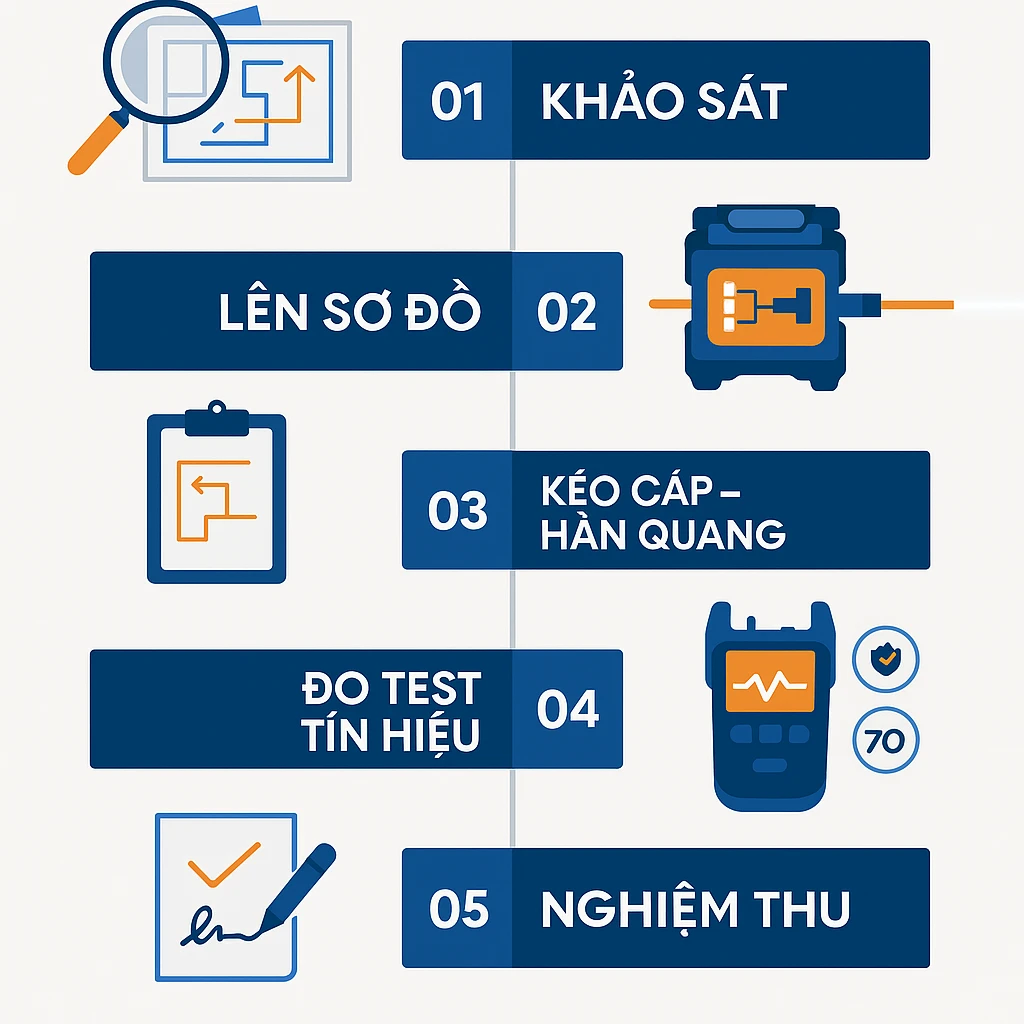 Infographic quy trình 5 bước thi công cáp quang chuyên nghiệp