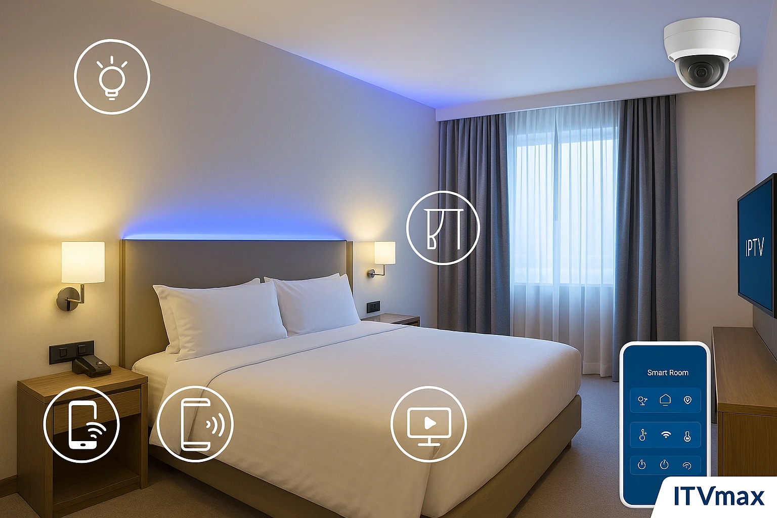 Căn phòng khách sạn hiện đại có màn hình điều khiển cạnh giường, rèm tự động, đèn đổi màu theo ngữ cảnh, camera giám sát an toàn