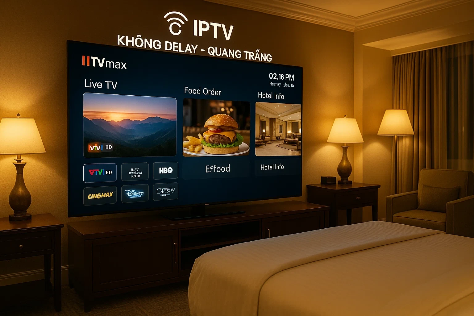 TV thông minh hiển thị giao diện IPTV: chọn kênh, đặt đồ ăn, xem thông tin khách sạn